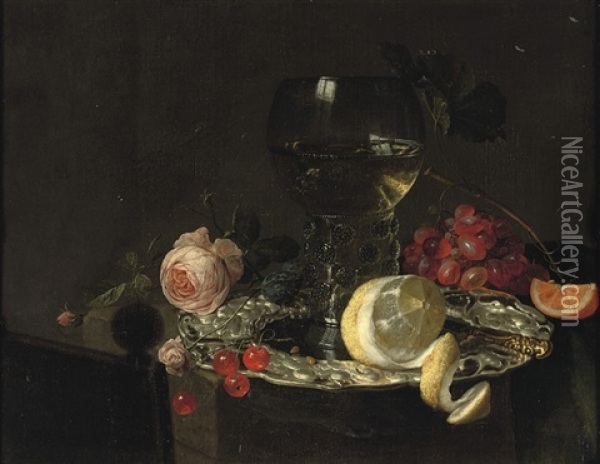A Roemer With White Wine, A Partially Peeled Lemon, Cherries And Other Fruit On A Silver Plate With A Rose And Grapes On A Stone Ledge Oil Painting - Simon Luttichuys