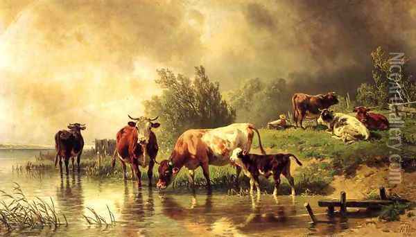 Cattle Watering by Stream under Darkening Skies Oil Painting - Friedrich Johann Voltz
