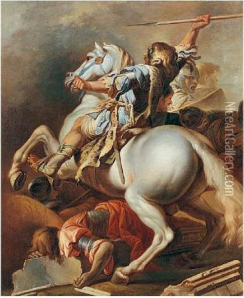 A Turkish Captain Riding His Horse Over A Soldier In A Battle Oil Painting - Carle van Loo