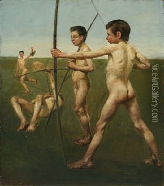 Young Naked Archers (+ Interior With Playing Trio, Verso) Oil Painting - Johan Rohde
