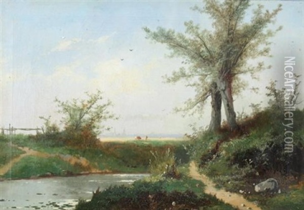 Landscape With Cows And Distant City Oil Painting - Henri Joseph Pieron