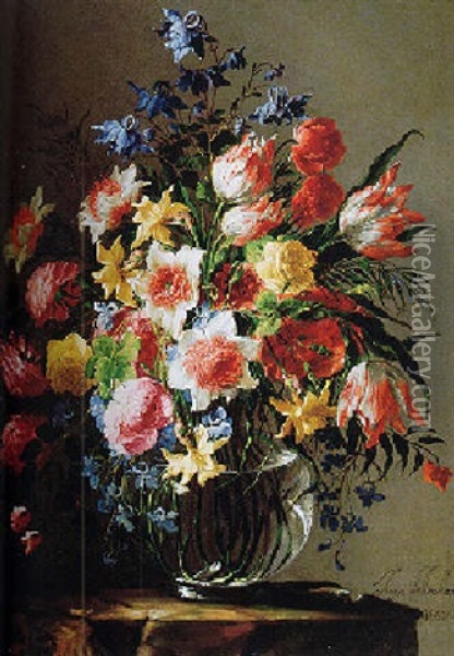 Still Life Of Roses, Tulips And Other Flowers In A Glass Vase, On A Stone Pedestal Oil Painting - Juan De Arellano