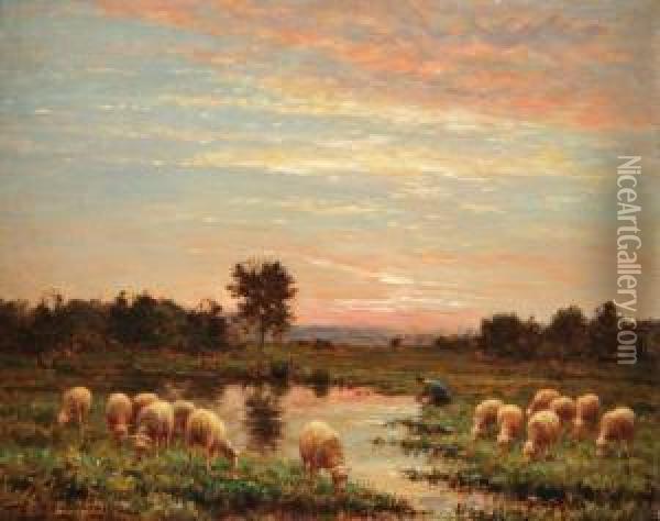 Moutons Pres De La Mare Oil Painting - Jean-Ferdinand Chaigneau