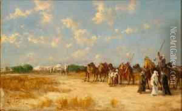 La Rencontre: Cavaliers Et Caravane Oil Painting - L.M. Vicdocq