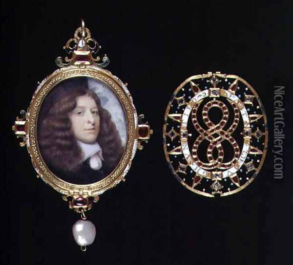 Miniature of an unknown man in a gold and jewelled frame and cover Oil Painting - John Hoskins