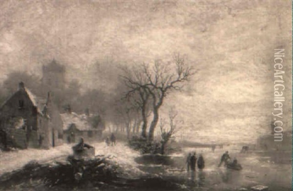 Figures On A Lake In A Frozen Winter Landscape Oil Painting - Alexis de Leeuw