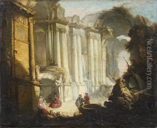Les Ruines D'une Galerie Romaine Avec Des Elegants Au Pied D'une Fontaine Oil Painting - Jacques de Lajoue