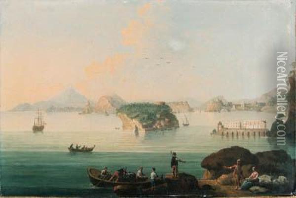 View Of Pozzuoli, With Fishermen
 Bringing In Their Catch In Theforeground, Vesuvius Beyond Oil Painting - Pietro Antoniani