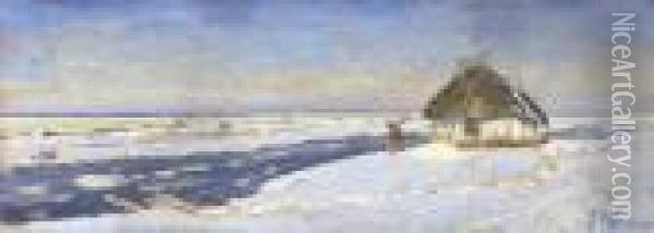 Weite Polnische Winterlandschaft
 Mit Bauernkate Am Fluss. Oil Painting - Julian Falat