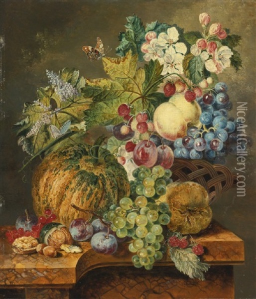 Strawberries, Grapes, Plums And A Peach In A Basket Surrounded By Flowers And Other Fruits And Vegetables, All Resting On A Marble Ledge Oil Painting - Jacobus Linthorst