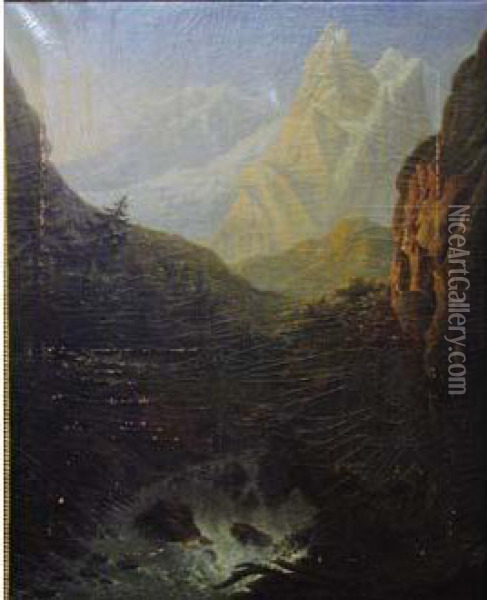  Cascade Du Staubbach Et Glacier De La Jungfrau, Dans La Vallee De Lauterbrunn  Oil Painting - Casimir, Marquis De Cypierre