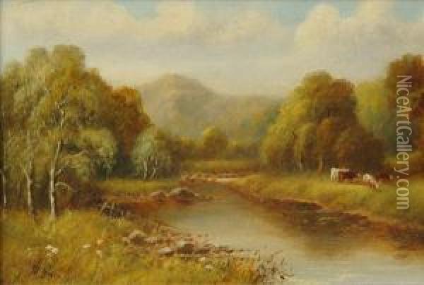 Cattle In River Landscapes Oil Painting - J. Lewis