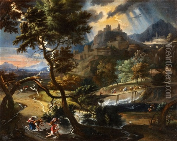 Landscape With Figures Fleeing From A Storm Oil Painting - Pieter Mulier the Younger