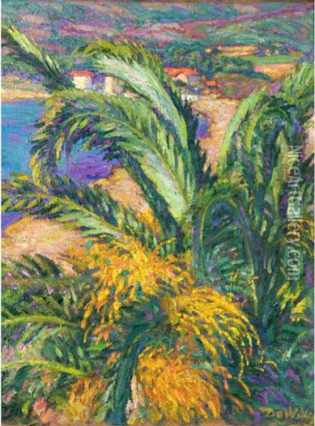 Mediterranean Coastline With Palm Trees Oil Painting - David O. Widhopff