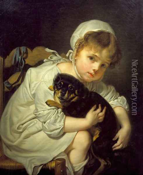 A Young Child Holding a Spaniel Oil Painting - Jean Baptiste Greuze