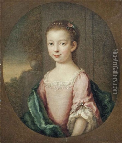 Portrait Of A Girl, Half-length, In A Blue Dress And Pink Wrap, A Landscape Beyond Oil Painting - Joseph Highmore