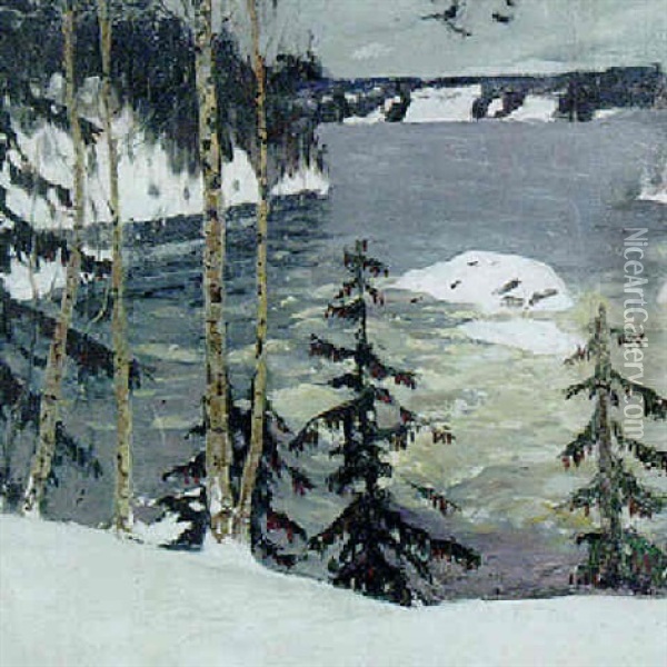 Lake In A Winter Landscape Oil Painting - Grigori Mikhailovich Bobrovsky