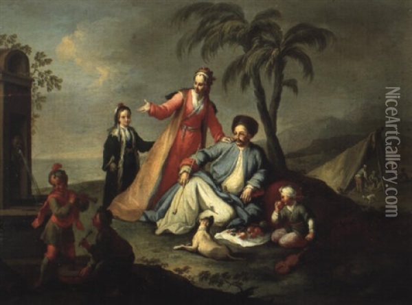 La Famille Du Pacha Pique-niquant Pres D'une Fontaine Romaine Oil Painting - Karl Joseph Aigen