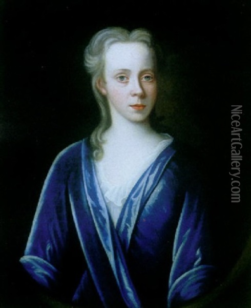 A Portrait Of A Lady In A Blue Dress Oil Painting - Joseph Highmore