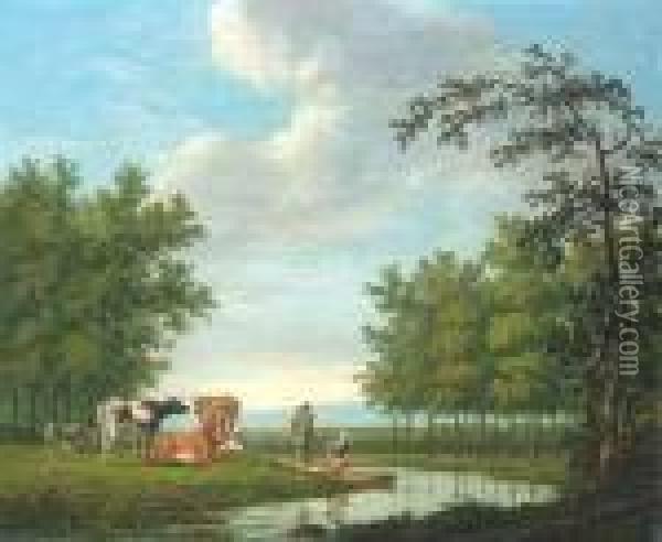 Summery River Landscape With Peasants. Oil Painting - Hendrik Van Oort
