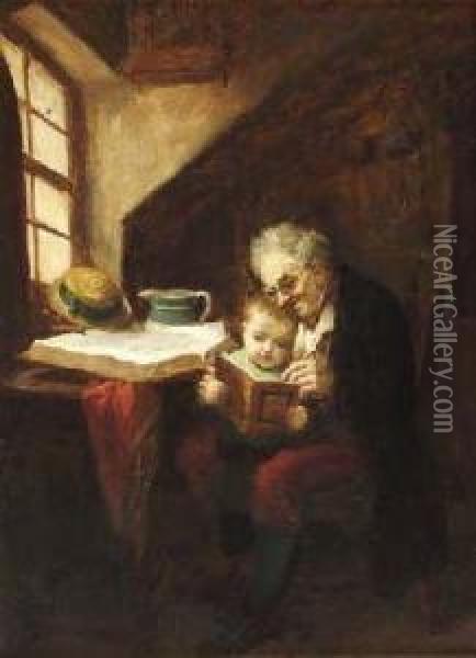 The Reading Lesson Oil Painting - John P. Burr