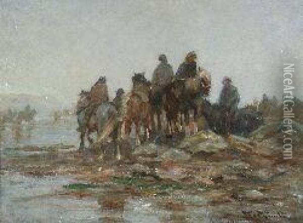 Horsemen At A River Crossing Oil Painting - George Smith