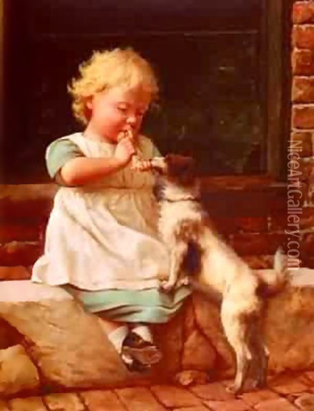 A Young Girl And Her Dog Oil Painting - Bela Veszelszky