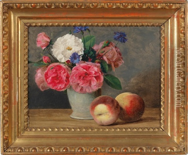 Still Life With Roses In A Faience Jug And Two Peaches Oil Painting - Ferdinand Kuess