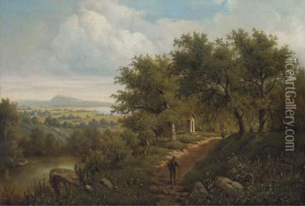 Travellers On A Track By A Woodland Shrine Oil Painting - A. Keller