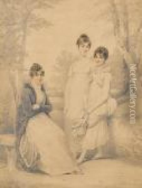 A Mother And Her Two Daughters In A Landscape Oil Painting - Henry Edridge