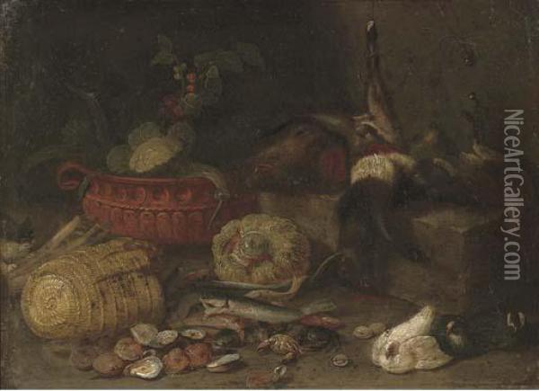 Pigeons And Fish With A Cat And A Wicker Basket And A Terracotta Pot With A Cauliflower Oil Painting - Jan van Kessel