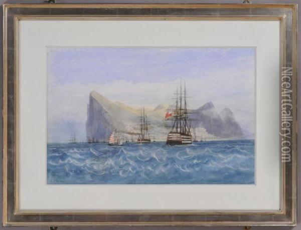 British Ships At Gibralter Oil Painting - Andrew Nicholl