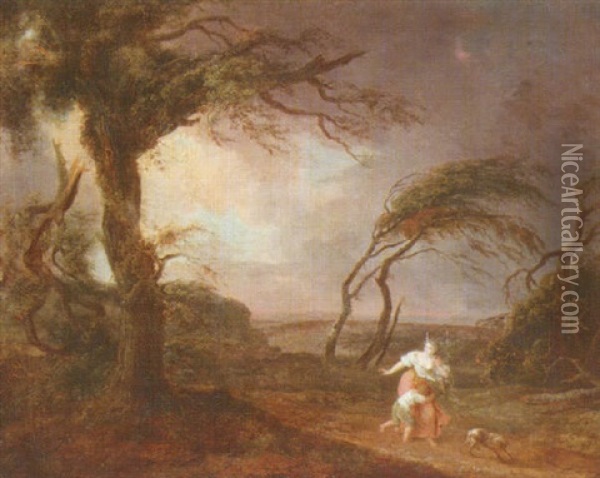 Landscape With A Woman And A Child Alarmed By Lightning Striking A Tree Oil Painting - Philip James de Loutherbourg