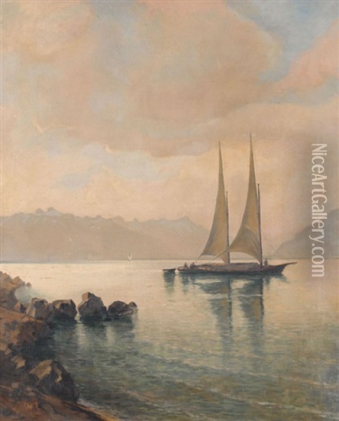 Lac Leman Avec Barque A Sable Oil Painting - Charles Parisod