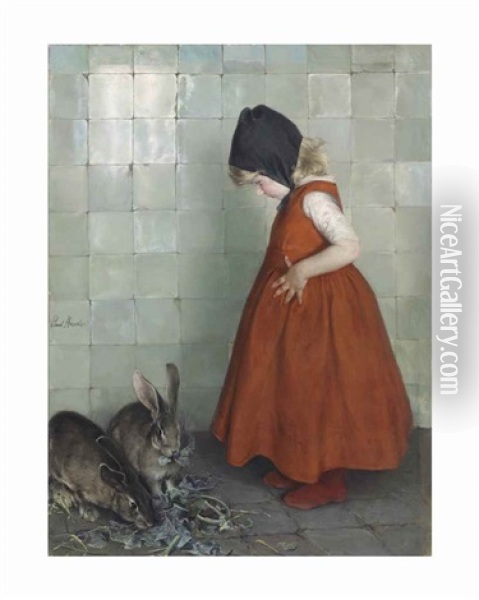 Feeding The Rabbits Oil Painting - Paul Hoecker