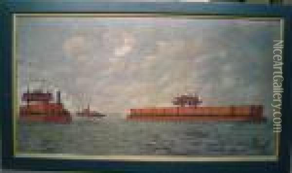 View Of New York, Philadelphia & Norfolk Railroad Barges Andthe Tugboat 'pocomoke' Oil Painting - Antonio Nicolo Gasparo Jacobsen