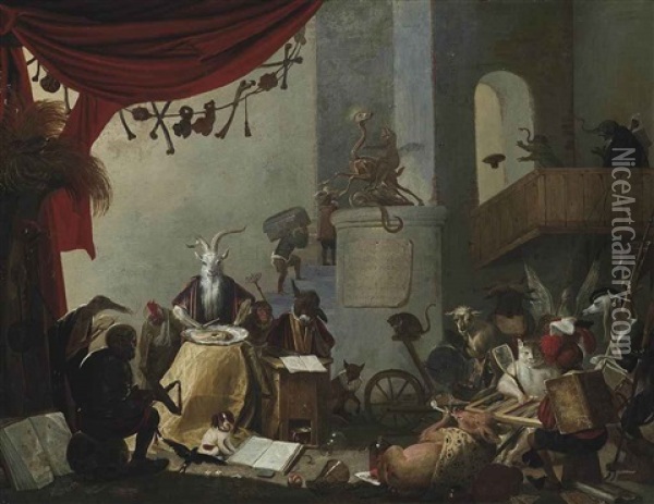 An Interior With A Goat Eating An Oyster, A Donkey At A School Desk, A Cat Playing Tric-trac And Other Mythical Creatures Oil Painting - Cornelis Saftleven