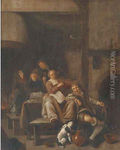 A tavern interior with a peasant woman playing the violin and other peasants singing Oil Painting - Jan Miense Molenaer