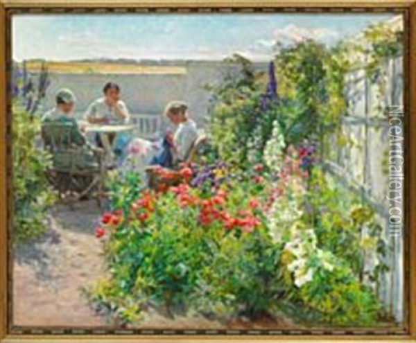 Summer Day With Flowers In Bloom In The Garden And Three Young Women Sewing Oil Painting - Knud Erik Larsen