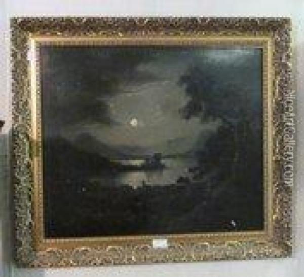 Castle By A Moonlit Lake Oil Painting - Henry Pether