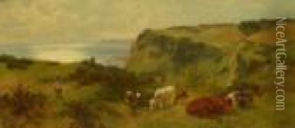 Cattle Grazing On The Cliff Top Oil Painting - Charles Collins