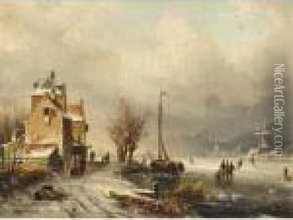 Figures On A Frozen Waterway, A Windmill In The Distance Oil Painting - Charles Henri Leickert