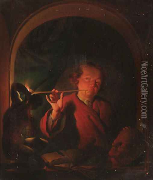 A man lighting a pipe at a casement with a bust, a statuette and books on a ledge Oil Painting - Louis de Moni