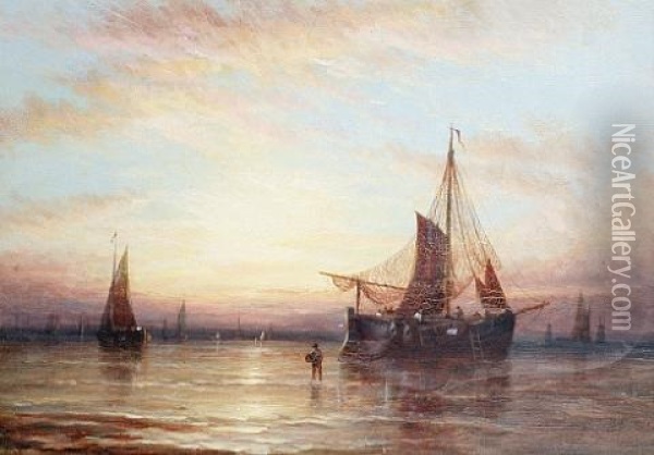 Fishing Vessels At Sunset Oil Painting - George Stainton