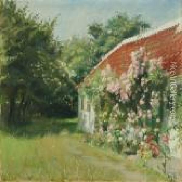 View From Garden In Bloom Oil Painting - Michael Ancher