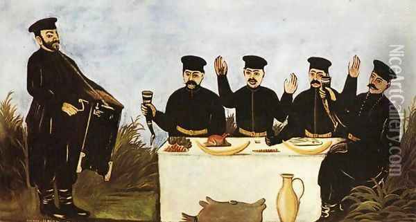 Feast with Barrel Organist Datico 1906 Oil Painting - Niko Pirosmanashvili