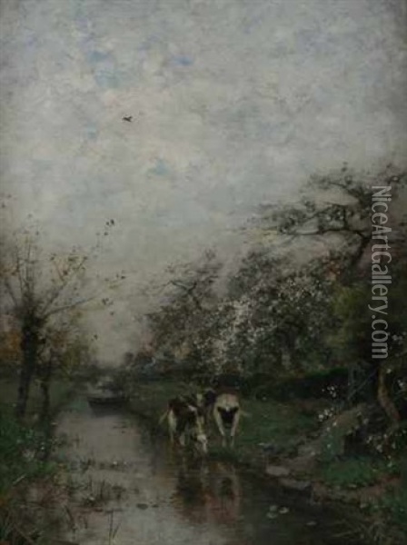 Kuhe Am Kanal Unter Bluhenden Obstbaumen Oil Painting - Ludwig Munthe