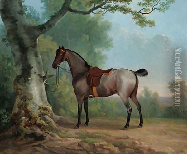 A saddled strawberry roan hunter, tethered to a tree, in a landscape Oil Painting - Sawrey Gilpin