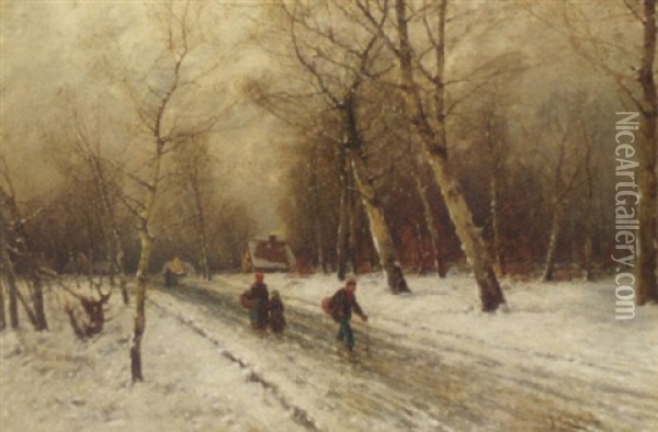 Figures On A Country Road In The Snow Oil Painting - Johann Jungblut