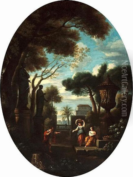 Figures In A Garden In A Classical Landscape;also A Companion Landscape (a Pair) Oil Painting - Jan Frans Van Bloemen (Orizzonte)